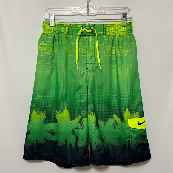 Nike Swim Trunks Board Shorts Mens L/XL Green Blue Palm Trees Plaid 11” - Picture 12 of 13